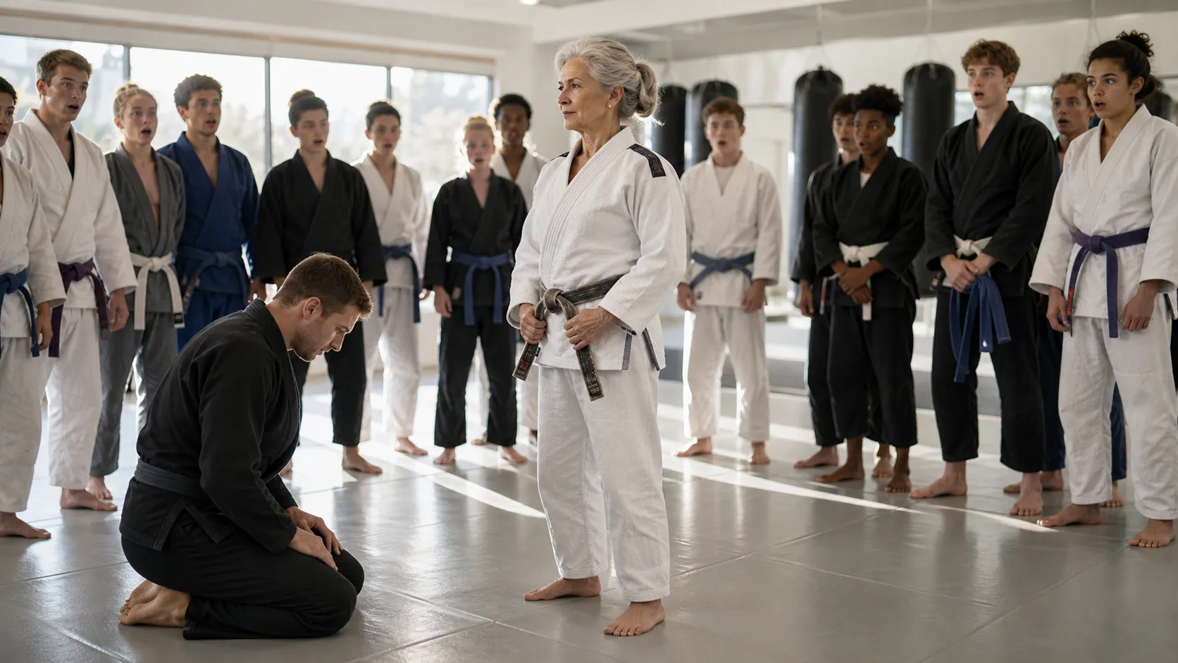 They laughed when the old woman stepped onto the mat — then she took down the black belt before anyone could breathe