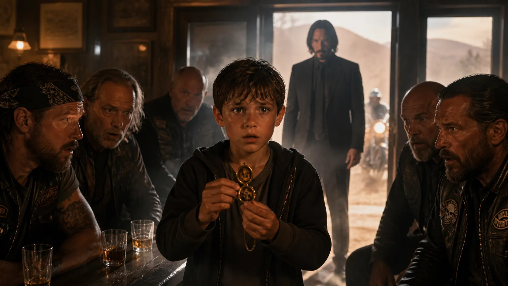 The Boy Ran Into a Biker Bar Whispering One Forbidden Name — and when John Wick stepped through the smoke, the whole room understood what was hidden in the pendant